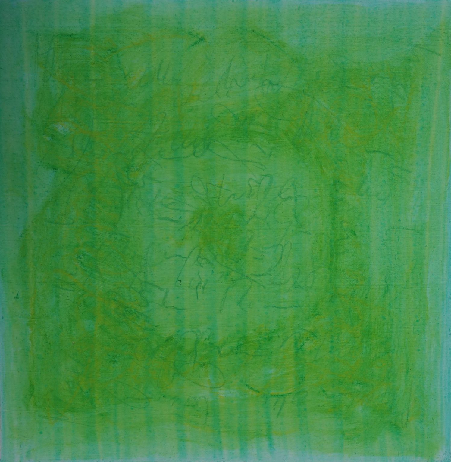 Dieses Bild zeigt ein Gemälde. Es ist grün. Man sieht verschiedene Grüntöne, ein Text ist leicht erkennbar, jedoch nicht lesbar. Ein Grünton ist kräftiger von der Farbe und rund in dem quadratischen Bild angeordnet. Der gleiche Farbton ist auch als Punkt mittig von diesem Kreis.