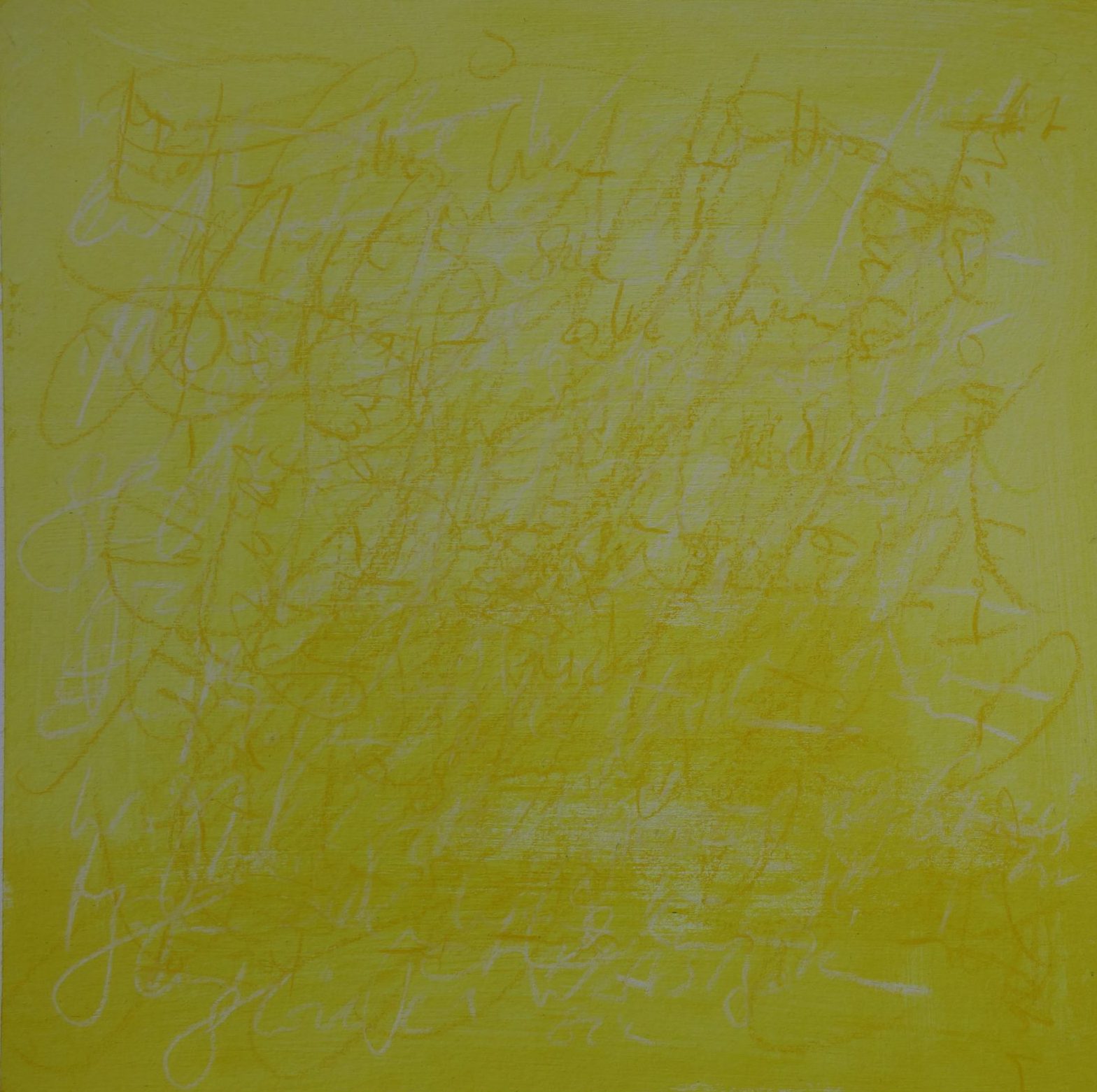 Das Foto zeigt ein quadratisches Gemälde in zartem Gelb, nach unten hin kräftiger werdend. Im Vordergrund ist in indisch gelb ein Terxt zu sehen, der nicht lesbar ist. Im unteren Bilsbereich ist der Text weiß.